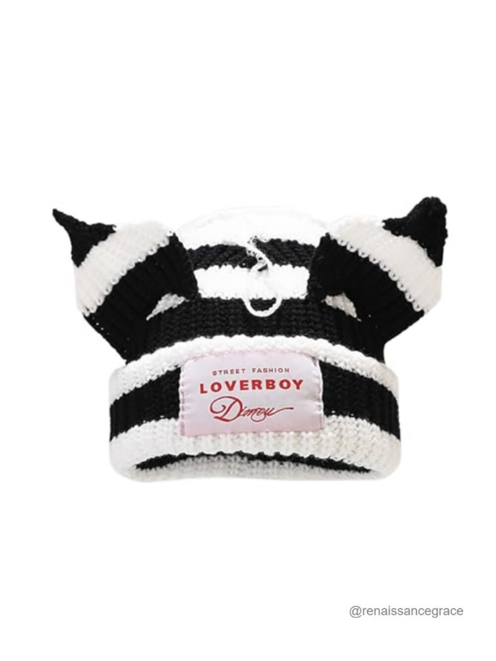 Striped Cat Ear Beanie Soft Knit Winter Hat for Women Men Y2K Punk Aesthetic